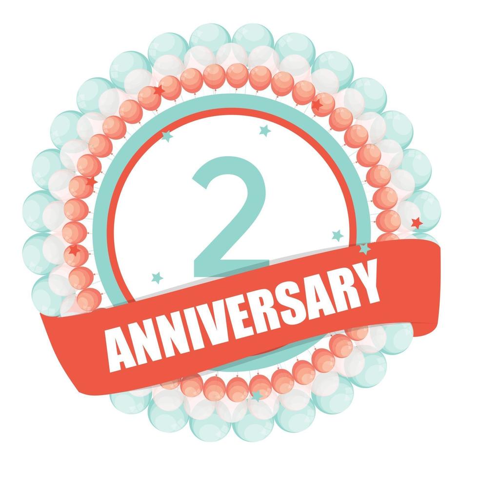 Cute Template 2 Years Anniversary with Balloons and Ribbon Vector Illustration