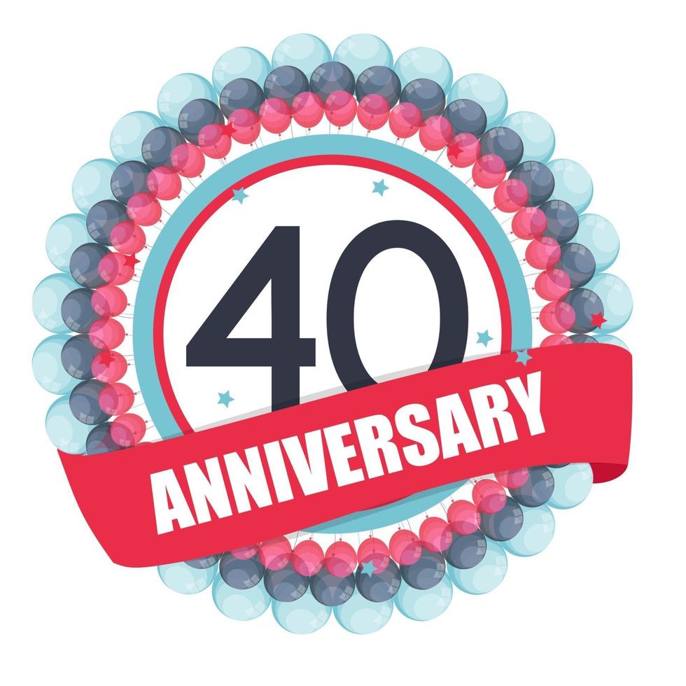 Cute Template 40 Years Anniversary with Balloons and Ribbon Vector Illustration