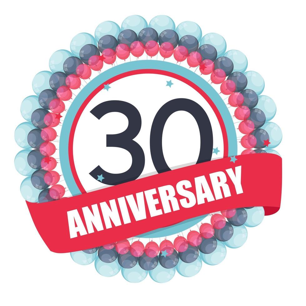 Cute Template 30 Years Anniversary with Balloons and Ribbon Vector Illustration