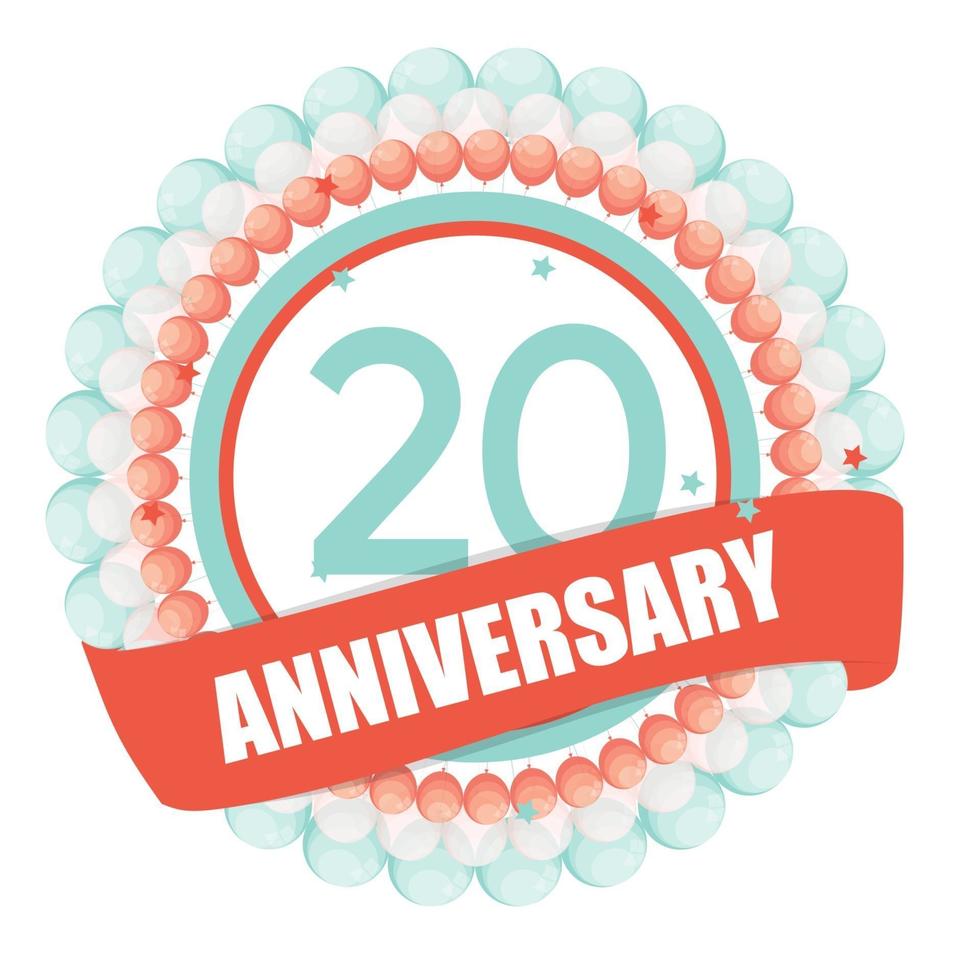 Cute Template 20 Years Anniversary with Balloons and Ribbon Vector Illustration