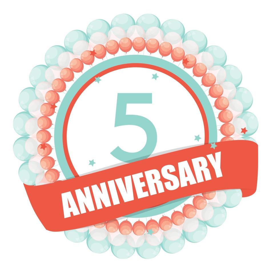 Cute Template 5 Years Anniversary with Balloons and Ribbon Vector Illustration