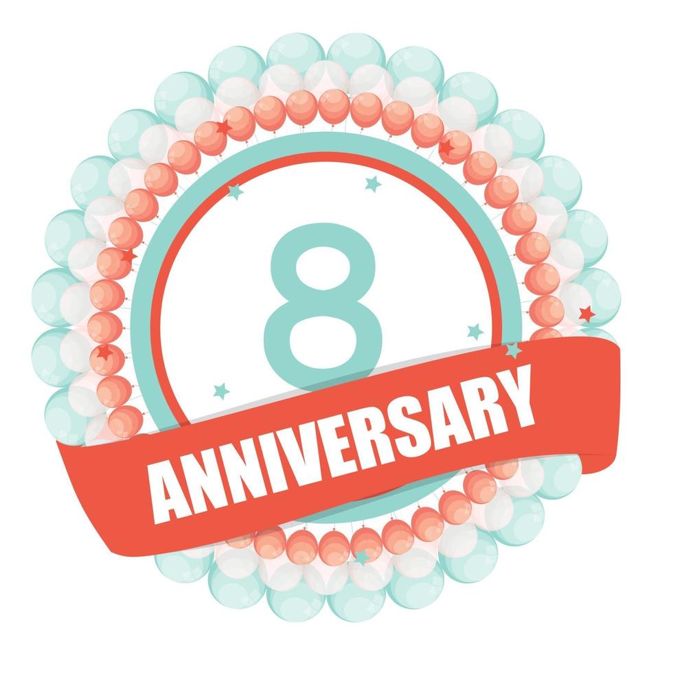 Cute Template 8 Years Anniversary with Balloons and Ribbon Vector Illustration