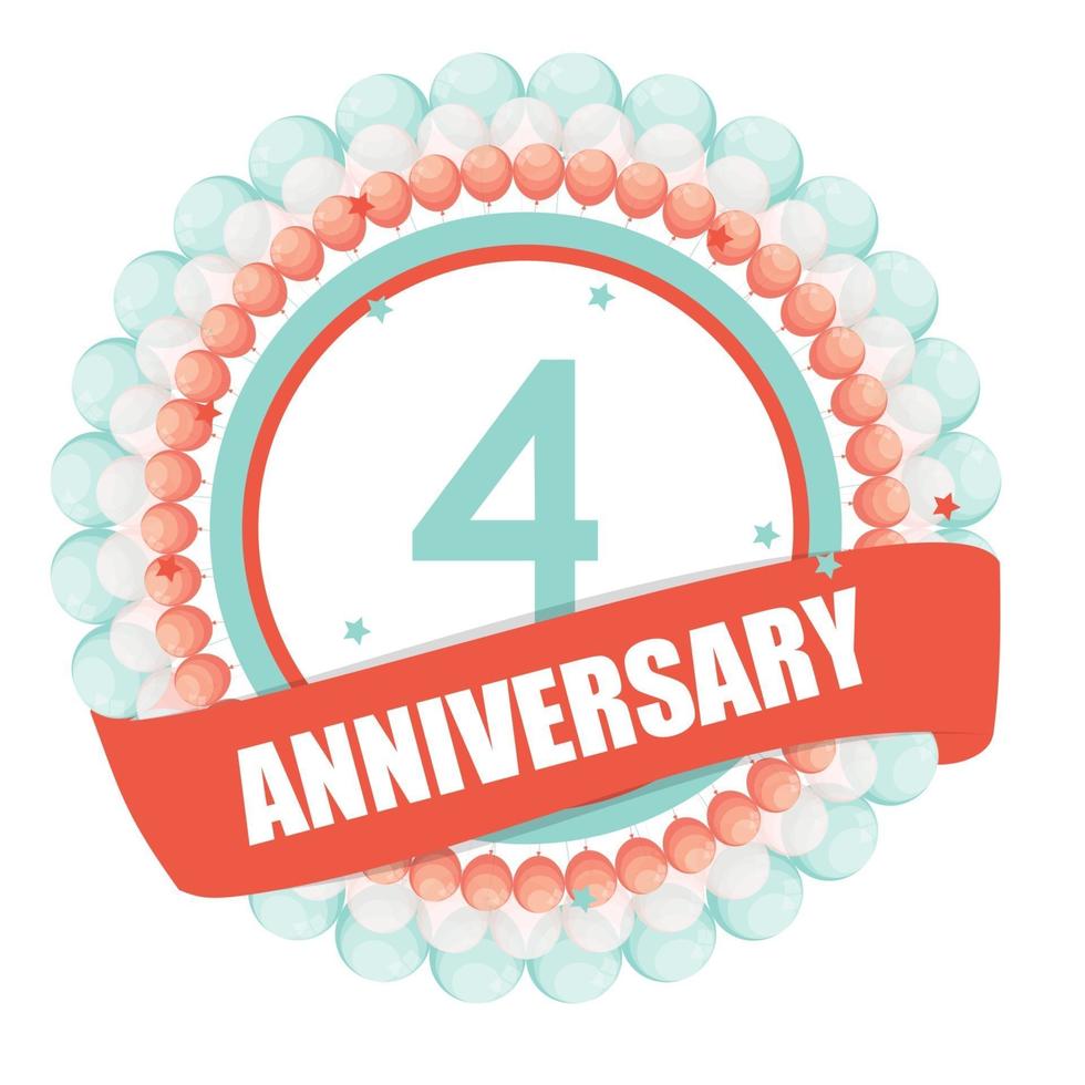 Cute Template 4 Years Anniversary with Balloons and Ribbon Vector Illustration