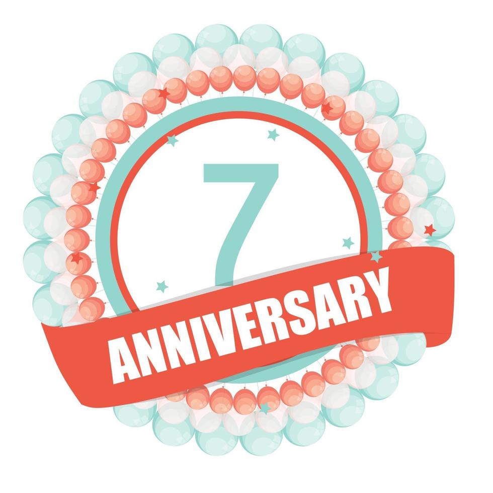 Cute Template 7 Years Anniversary with Balloons and Ribbon Vector Illustration