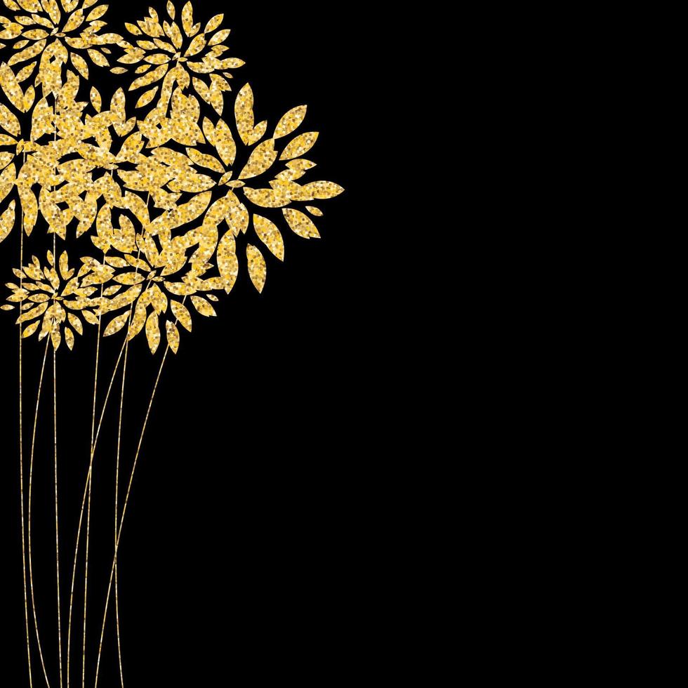 Abstract Floral Glossy Golden Background. Gold Flowers on Black. Vector Illustration