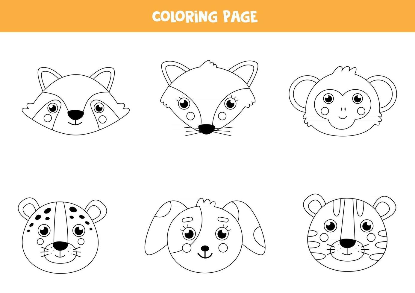 Color cute animal faces. Coloring page for children. vector