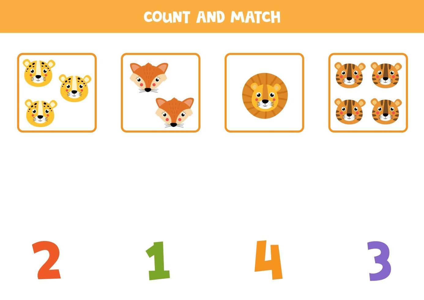 Math worksheet for kids. Counting game with cute animal faces. vector