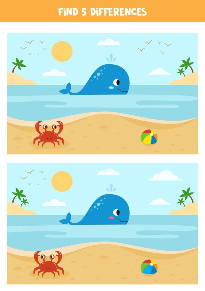 lindo paisaje marino de verano de dibujos animados con ballena, cangrejo y pelota de juguete. vector