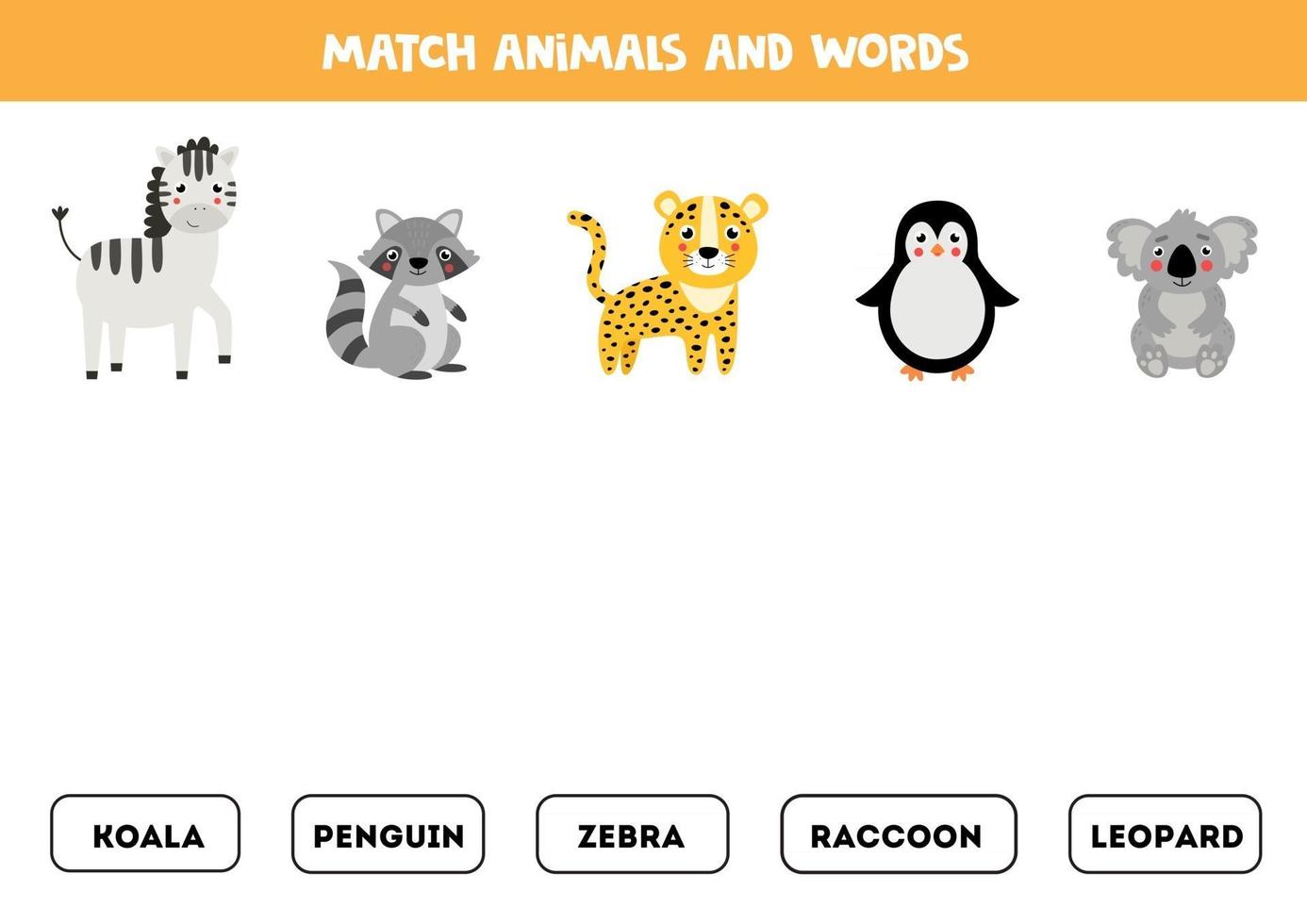 emparejar animal y palabra. juego de gramática inglesa para niños. vector