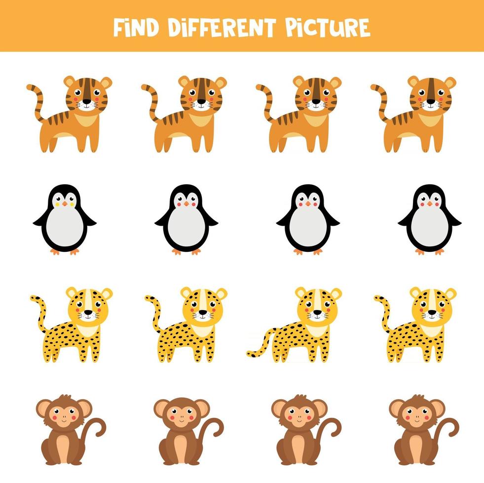 Find different animal in each row.  Cute cartoon monkey, tiger, leopard, penguin. vector