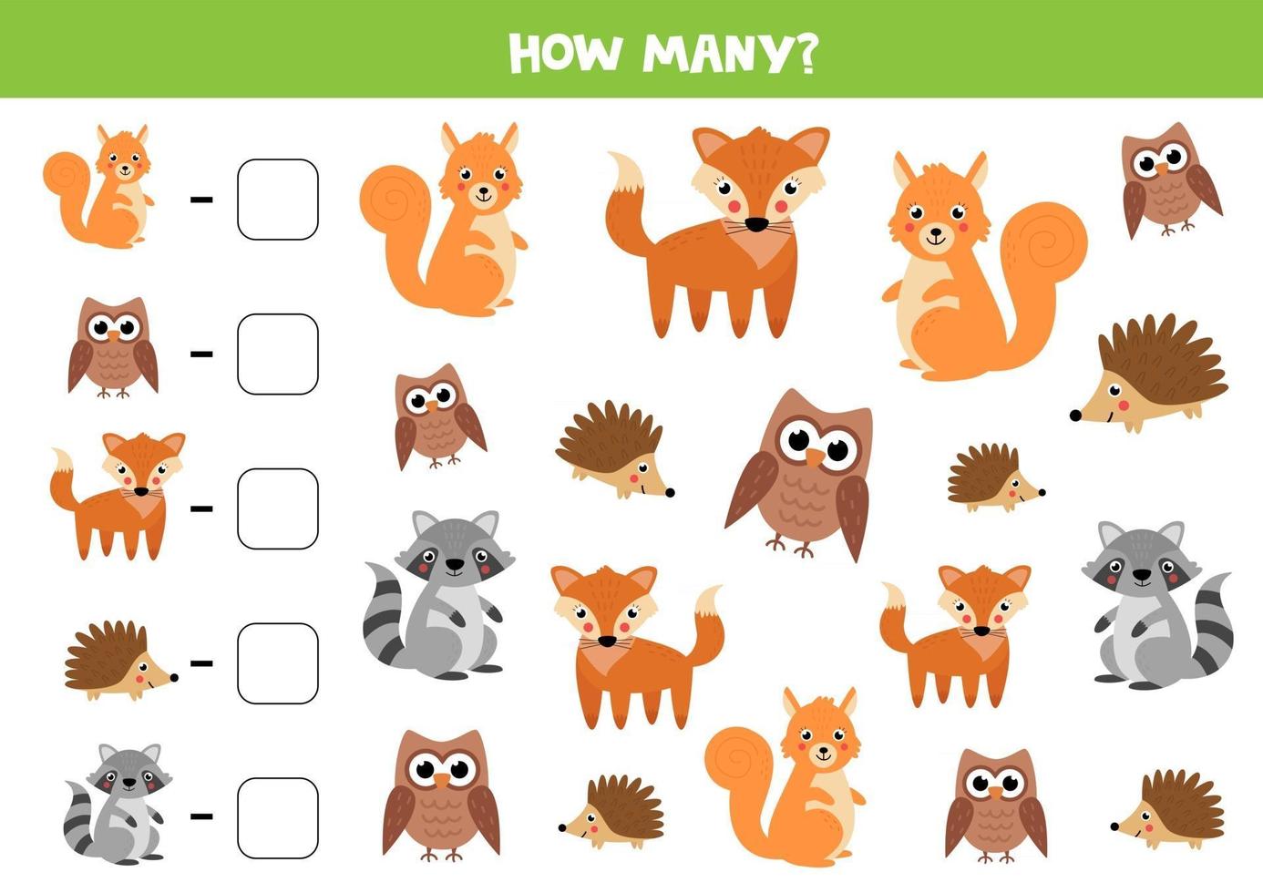 Counting game for kids. Cute woodland animals. vector