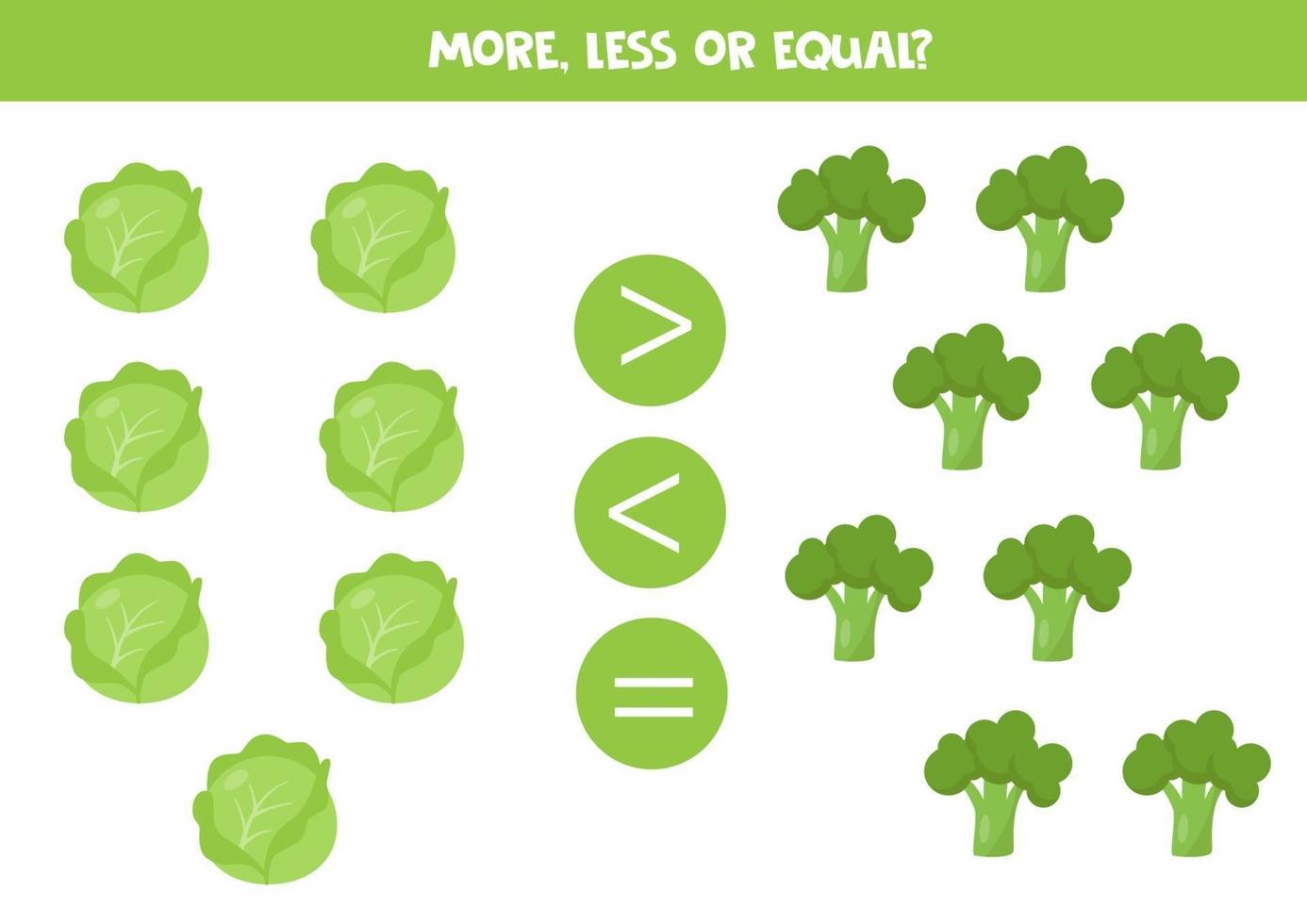 más, menos, igual. compare la cantidad de brócoli y repollo. vector