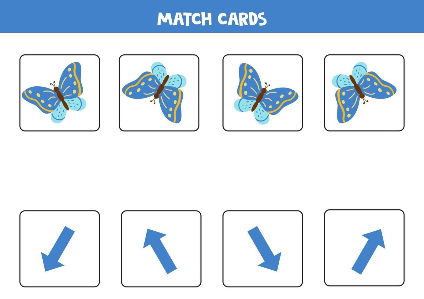 Match cards with spatial orientation and blue butterfly. vector