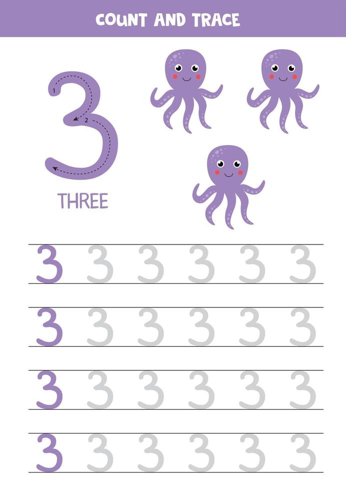 Tracing the number 3. Cartoon purple octopuses. vector