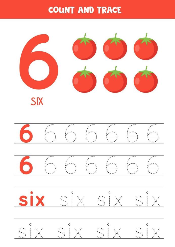 Worksheet for learning numbers and letters with cartoon tomatoes. Number six. vector