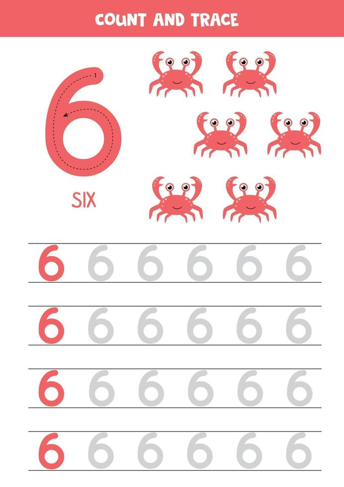 Worksheet for learning numbers with cartoon crabs. Number six. vector