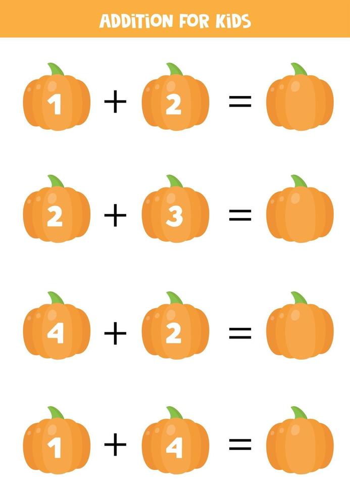 Addition for kids with cute cartoon pumpkins. Math equations. vector