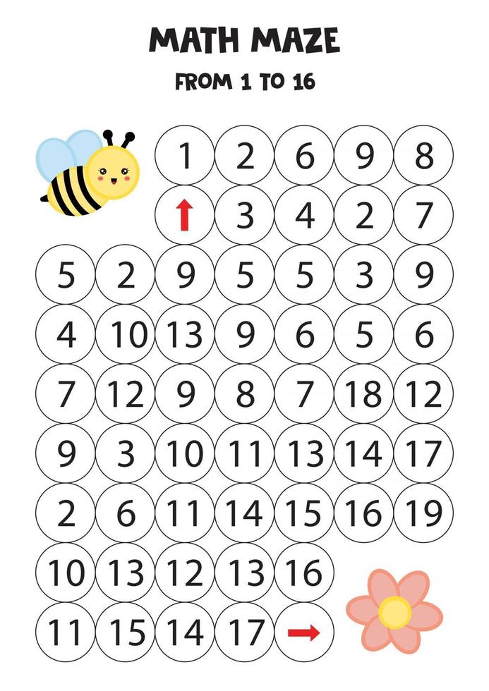 laberinto de matemáticas con dibujos animados de abejas y flores. vector