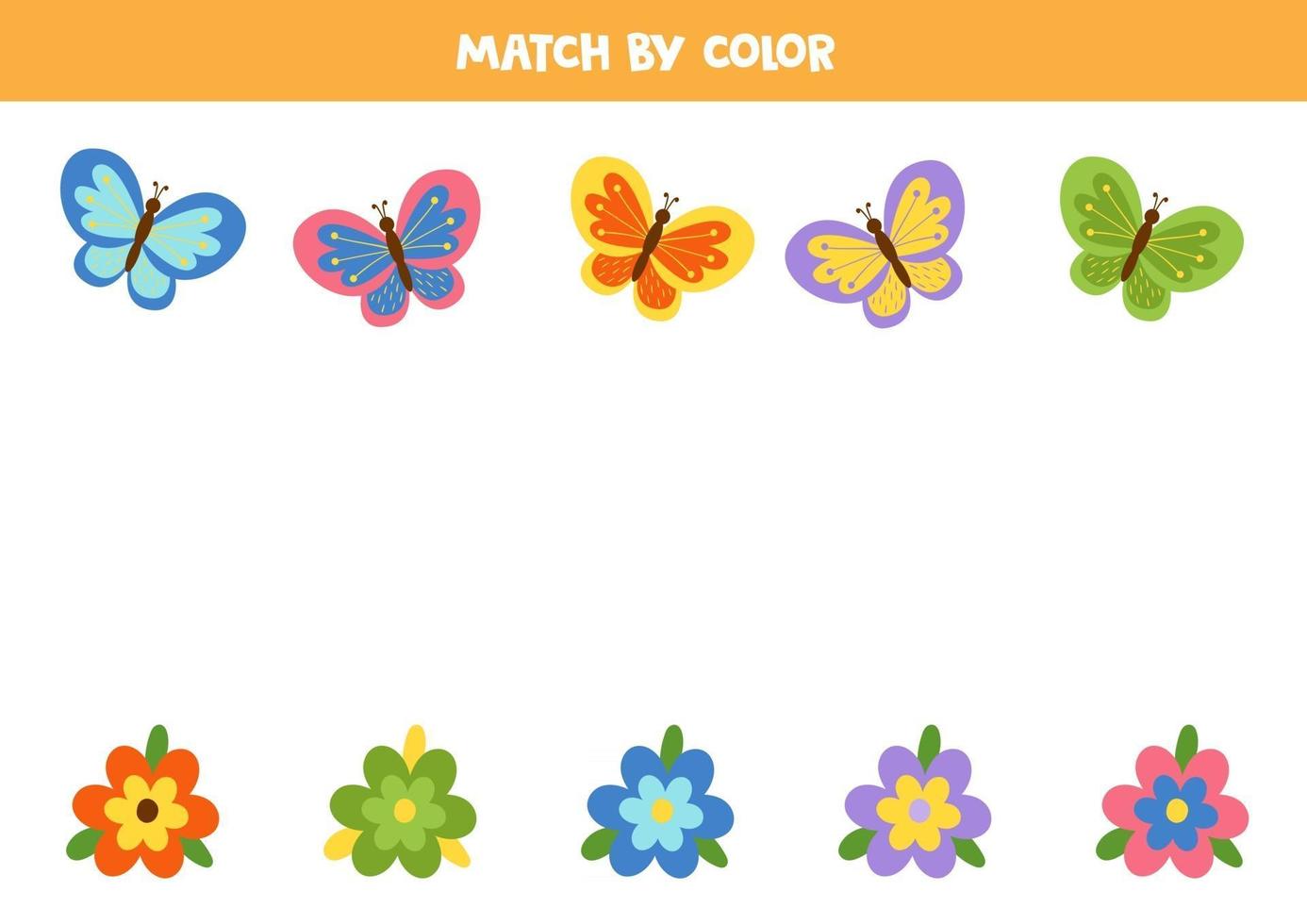 Combina coloridas mariposas y flores por color. vector