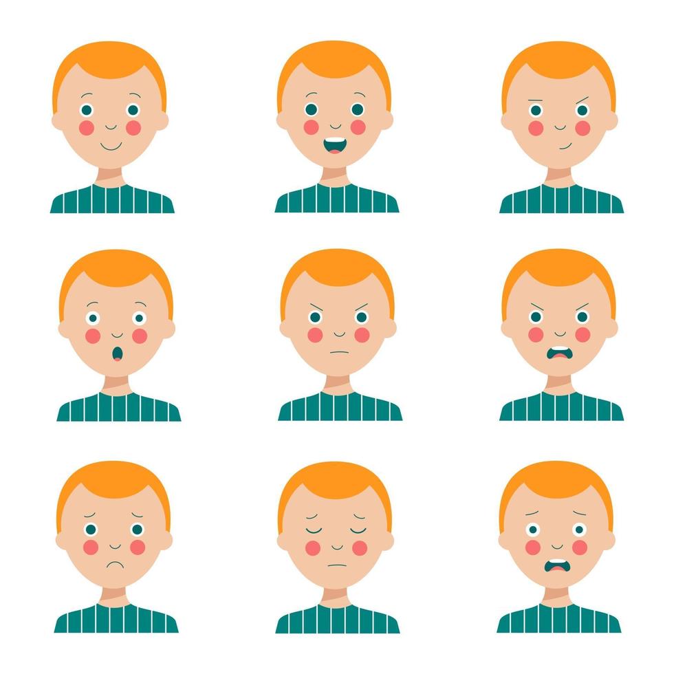 Set of various facial expressions of cute cartoon red haired boy