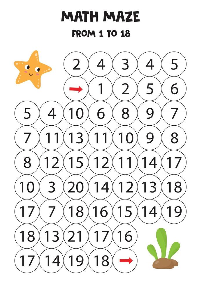 Math maze from one to 18. Cute cartoon starfish and seaweed. vector