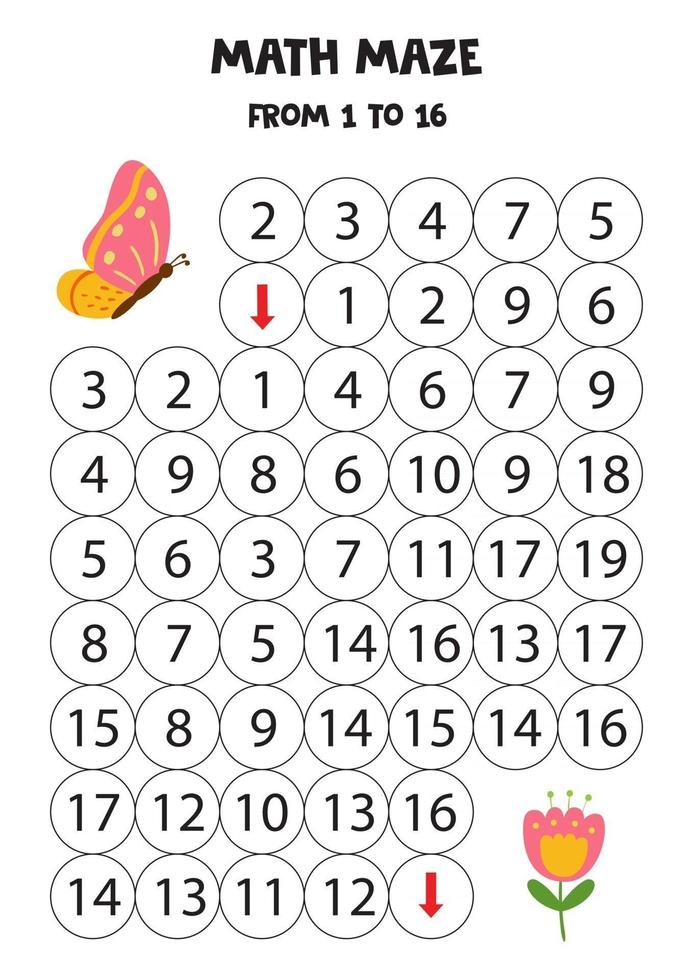 Math maze from one to 16. Help the butterfly to get to the flower. vector