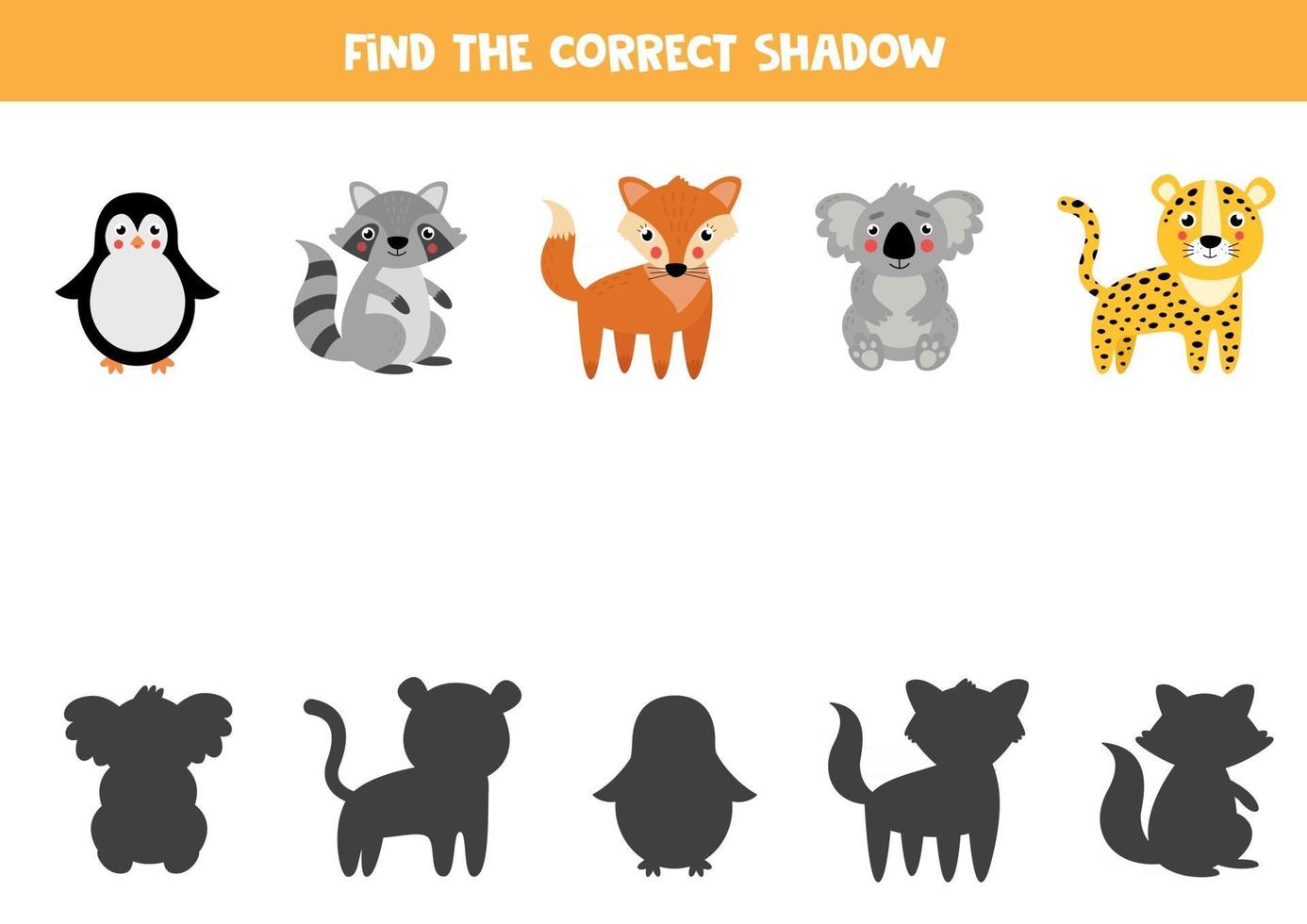 encuentra la sombra correcta de animales lindos de dibujos animados. vector