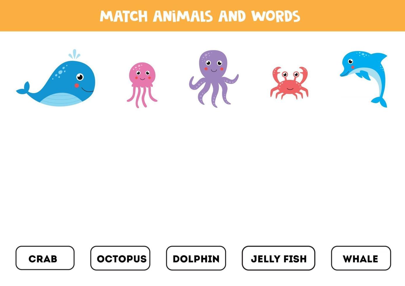 juego de emparejar palabras para niños. animales marinos de dibujos animados lindo. vector