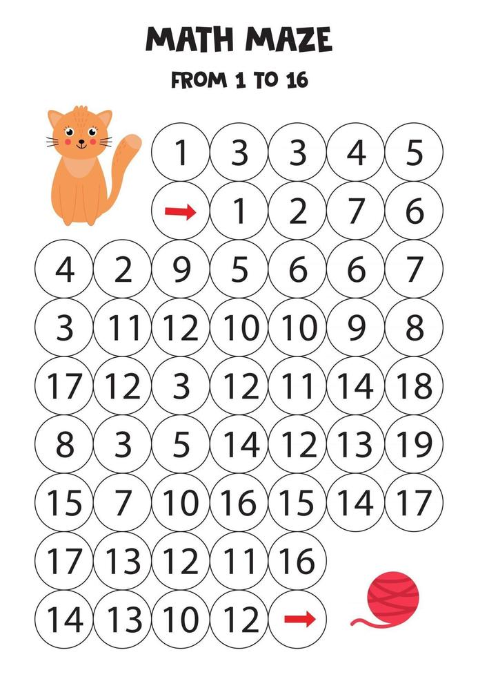 Mathematical maze for kids. Cute cartoon cat and ball of thread. vector