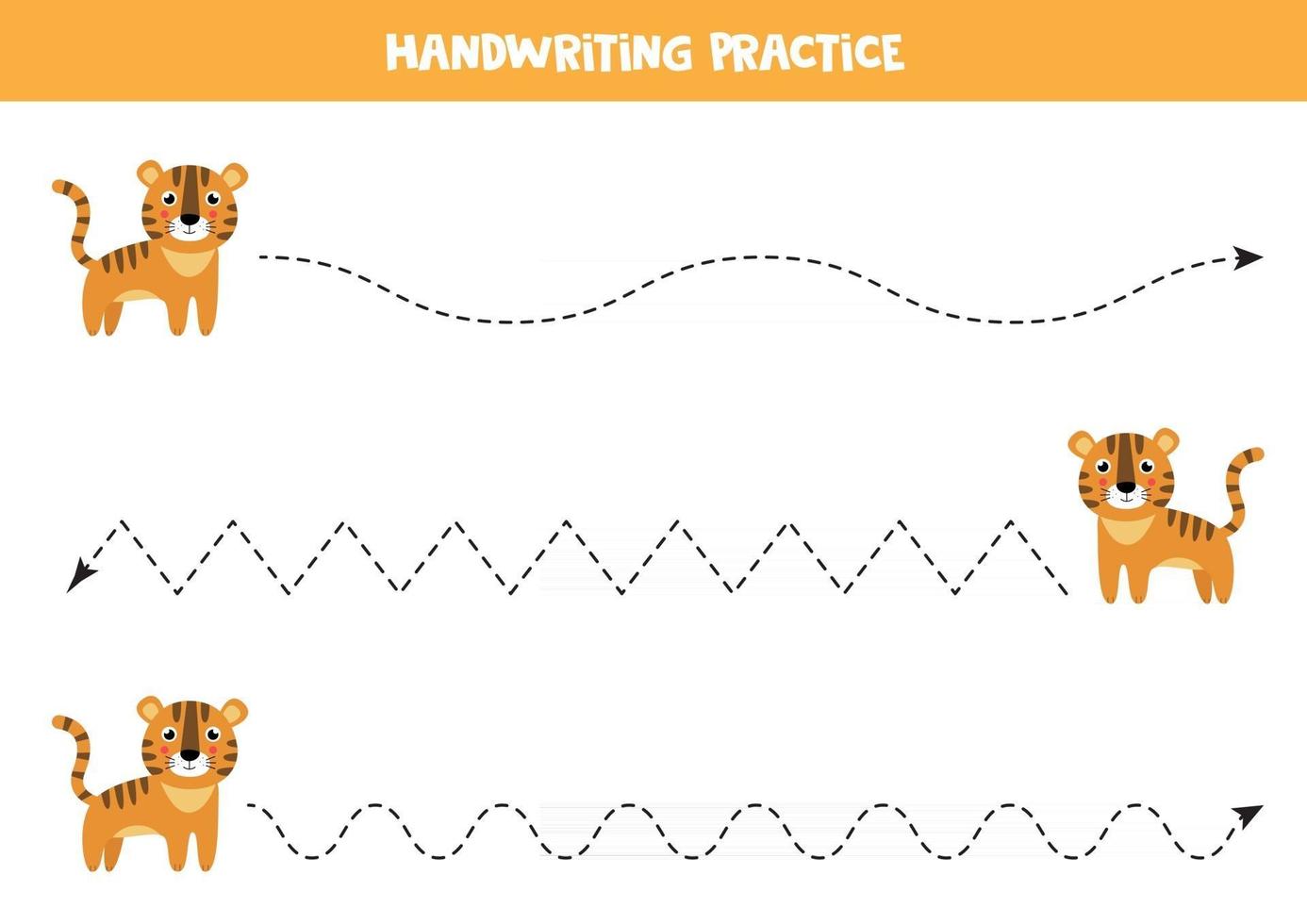 Tracing lines for preschoolers. Cute cartoon tiger. vector