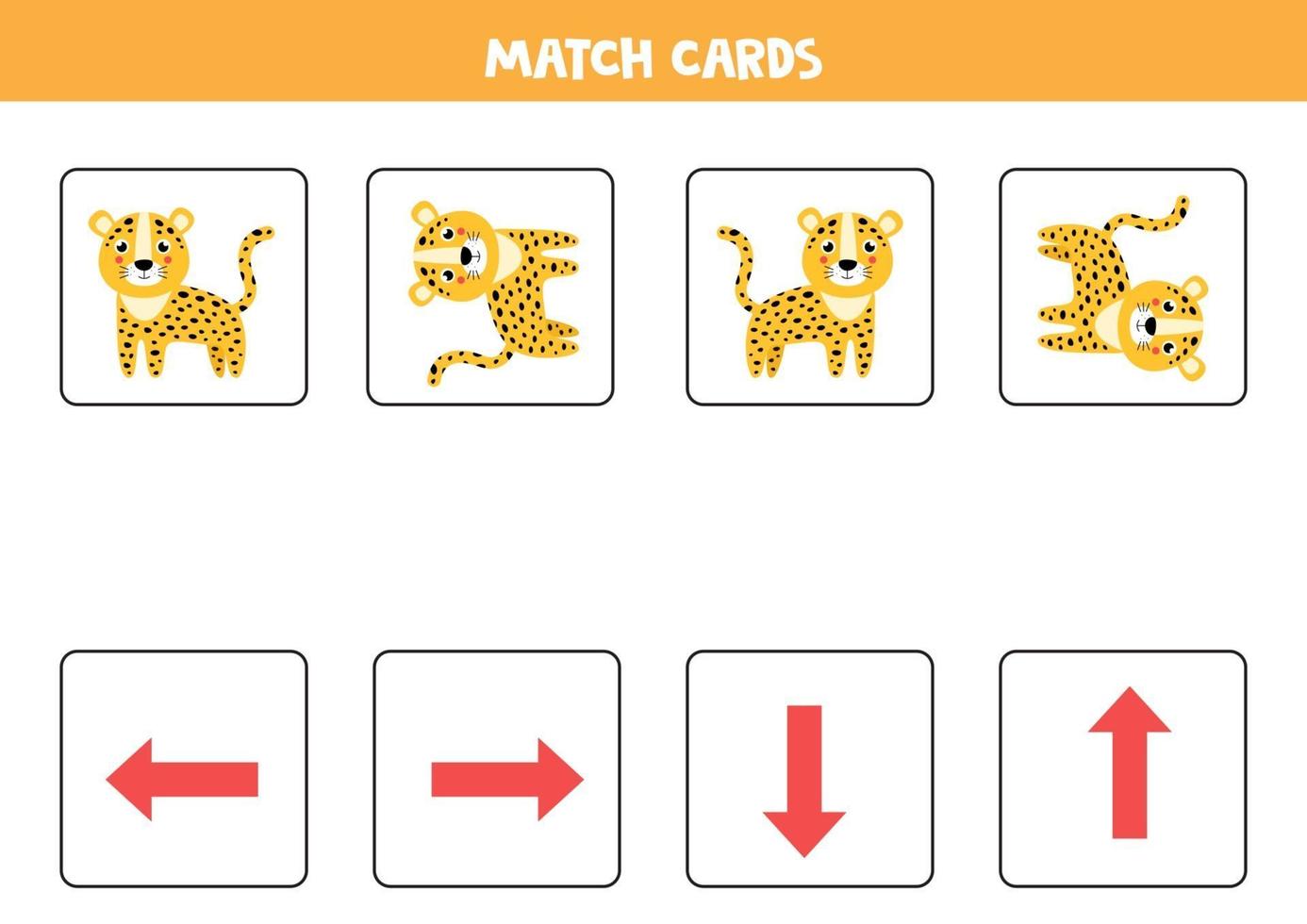 Spatial orientation for kids. Cute cartoon leopard in different orientation. vector