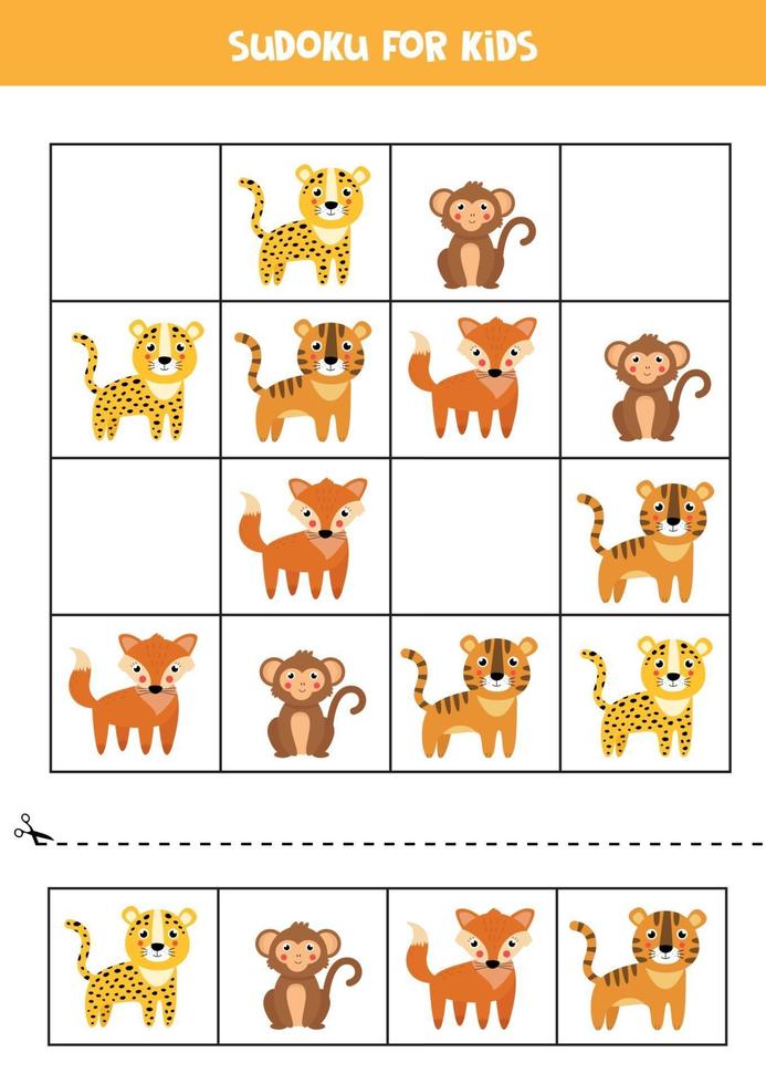 sudoku con leopardo, tigre, mono, zorro. rompecabezas para niños. vector