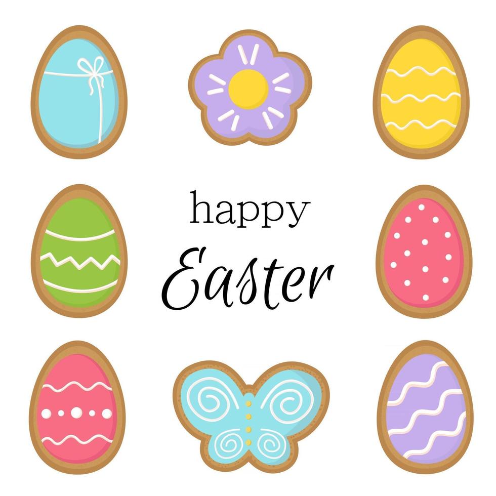 Happy Easter greeting card with tasty ginger bread cookies. vector