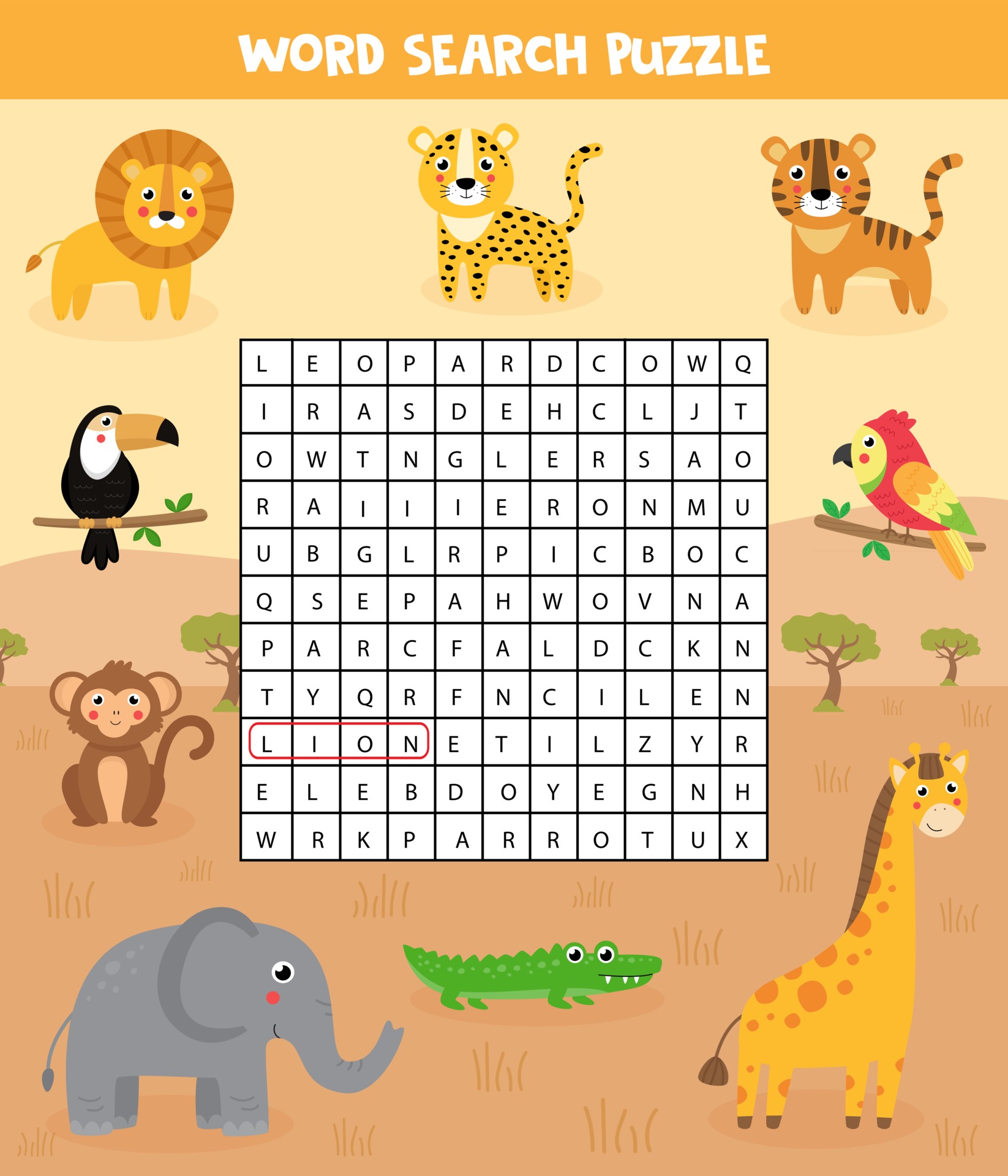 Words search puzzle for children. Set of safari animals. 2847523 Vector Art  at Vecteezy