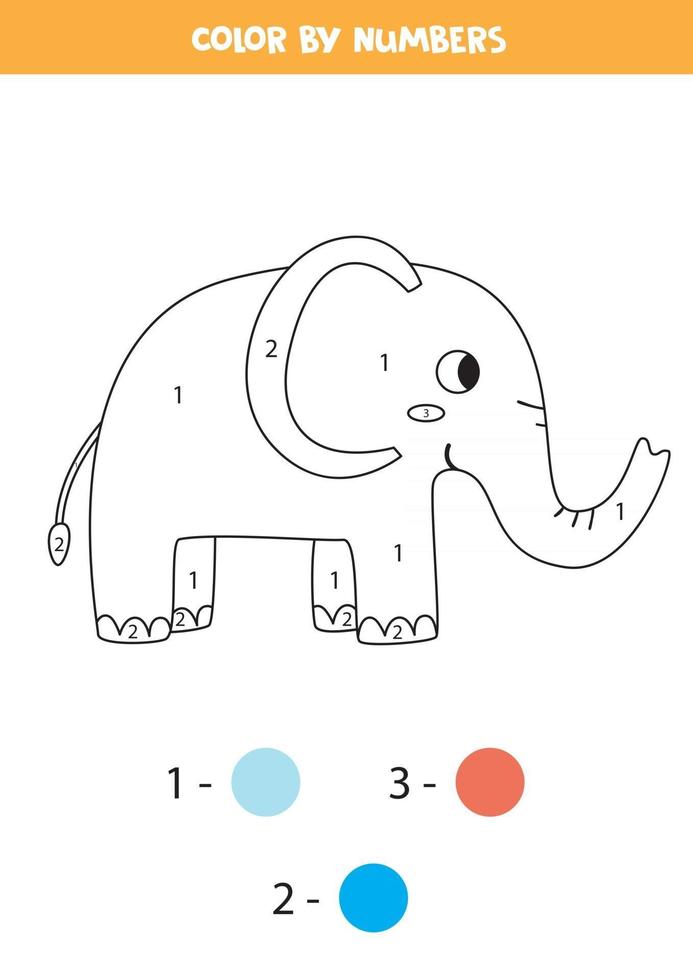 Color cute elephant by numbers. Printable math game. vector