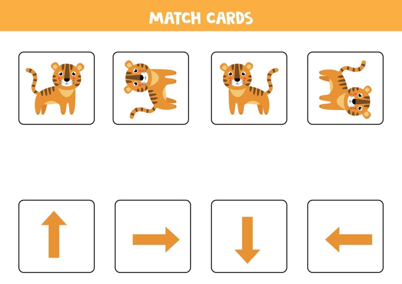 Spatial orientation for kids. Cute cartoon tiger in different orientation. vector
