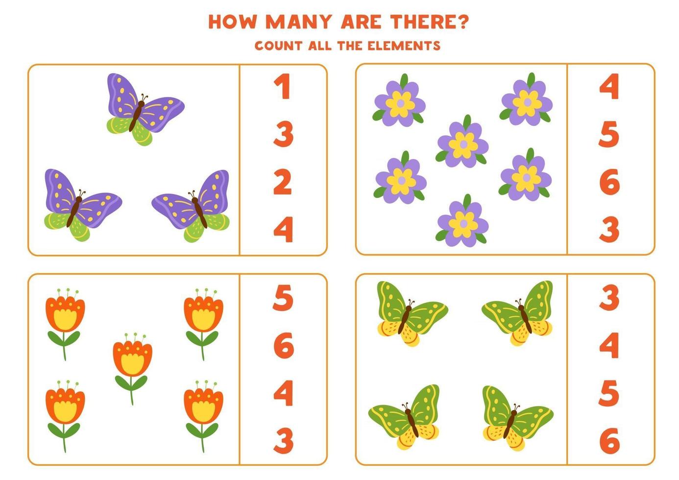 Counting game for kids. Count the number butterflies and flowers. vector