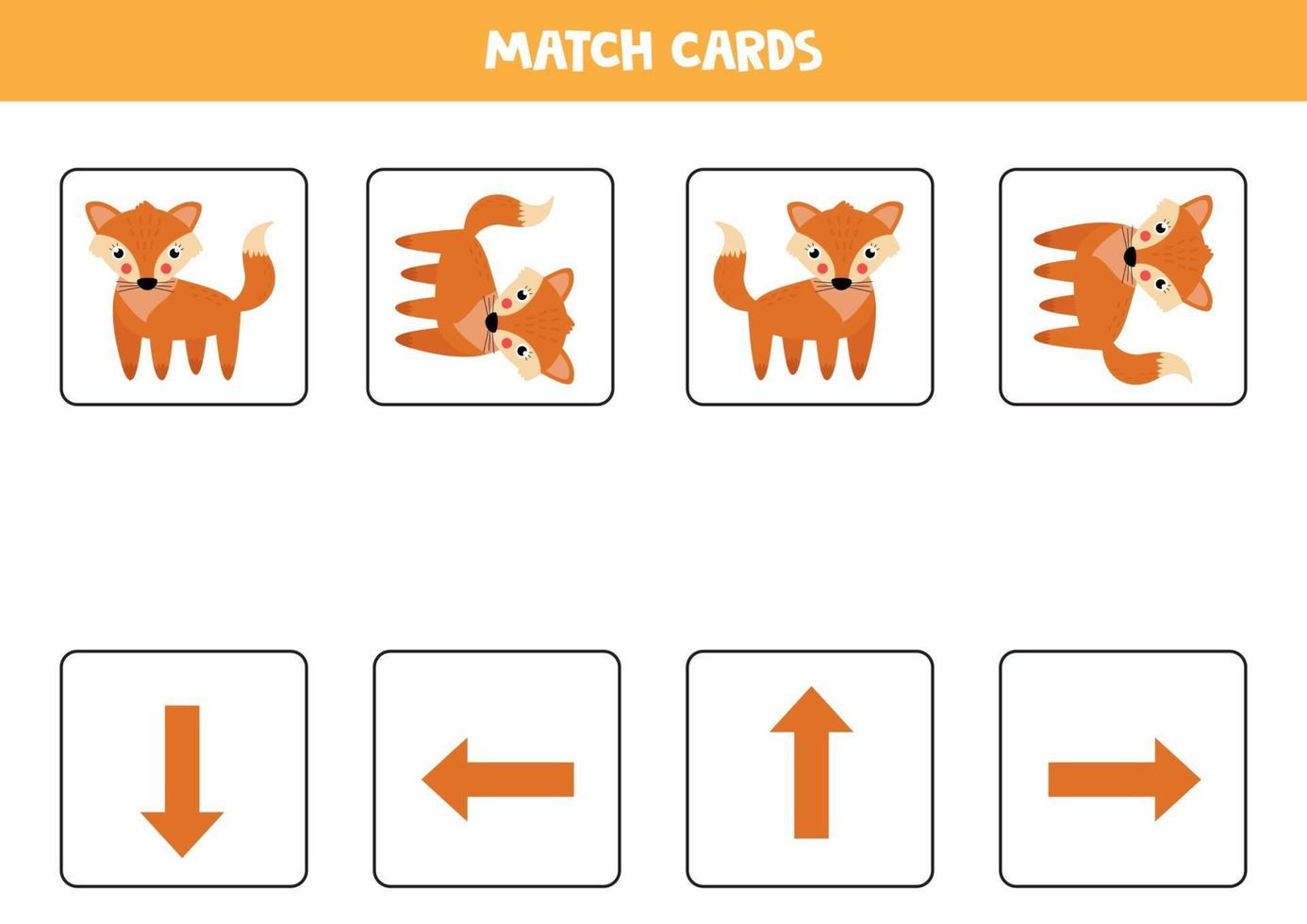 Spatial orientation for kids. Cute cartoon fox in different orientation. vector