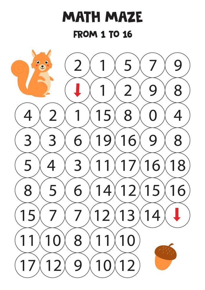 Mathematical maze for kids. Cute cartoon squirrel and acorn. vector