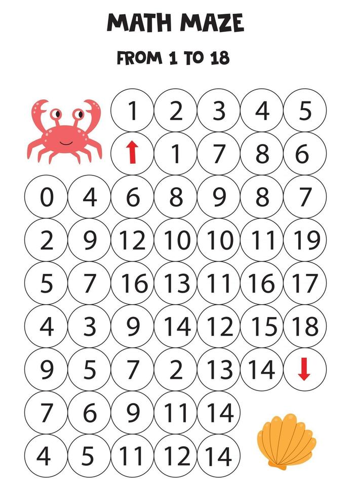 Mathematical maze for children. Crab goes to seashell. vector