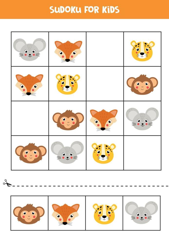 Sudoku with cute and happy animal faces. vector