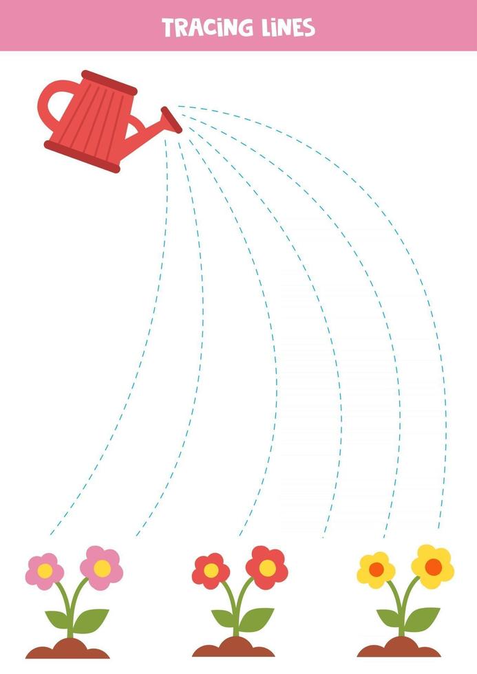 Trace the lines between watering can and flowers. vector