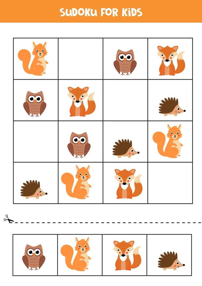 Educational game for children. Sudoku with woodland animals. vector