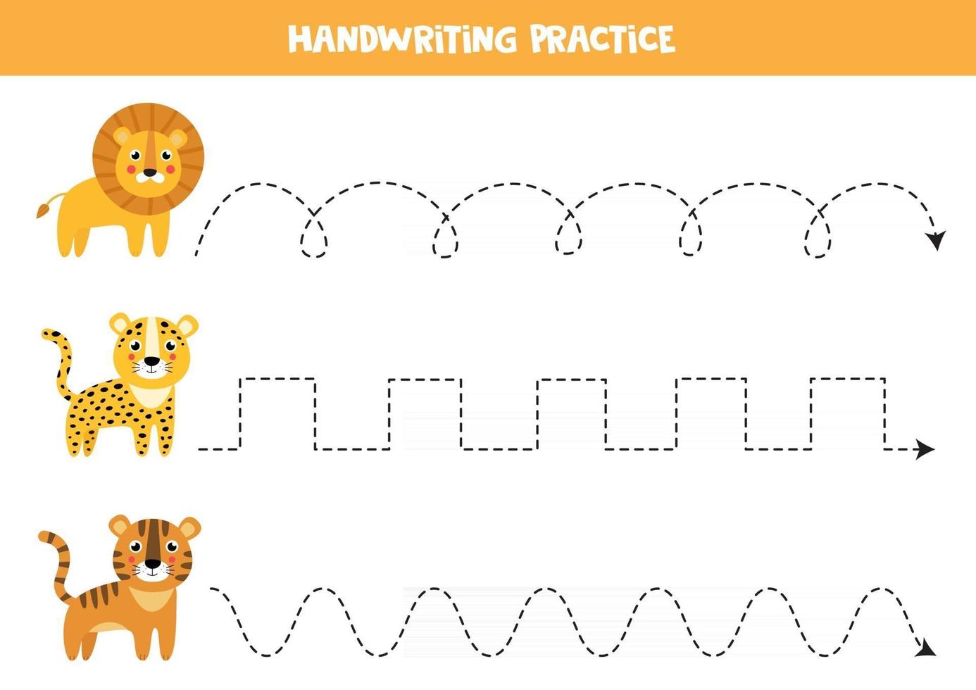 Trace the lines with cute wild cats. Handwriting practice for children. vector