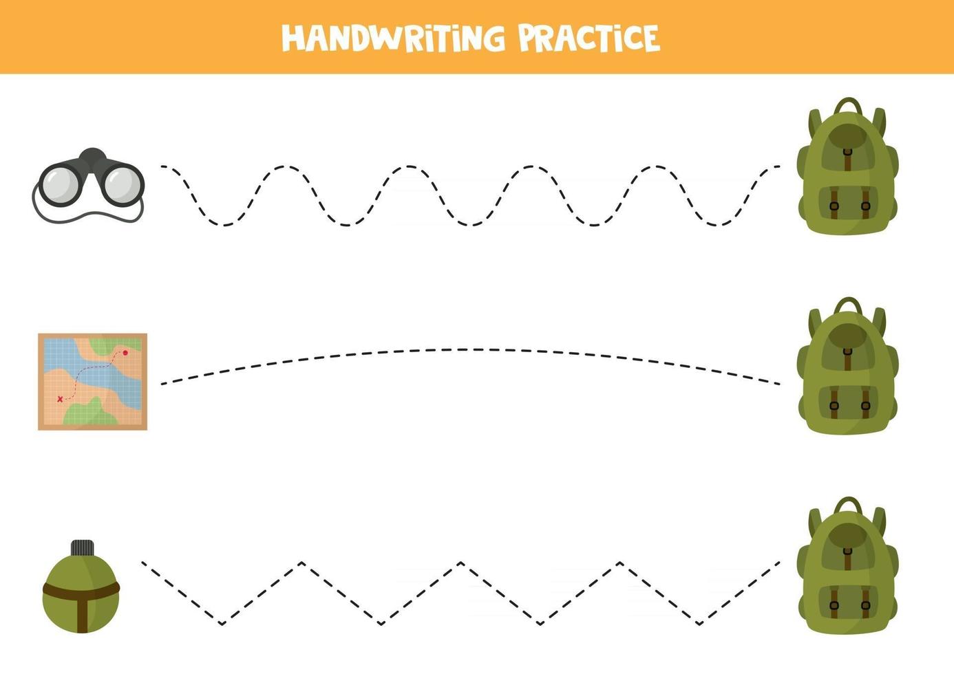 Tracing lines for kids. Tourist equipment. Backpack, flask, map and binocular. vector