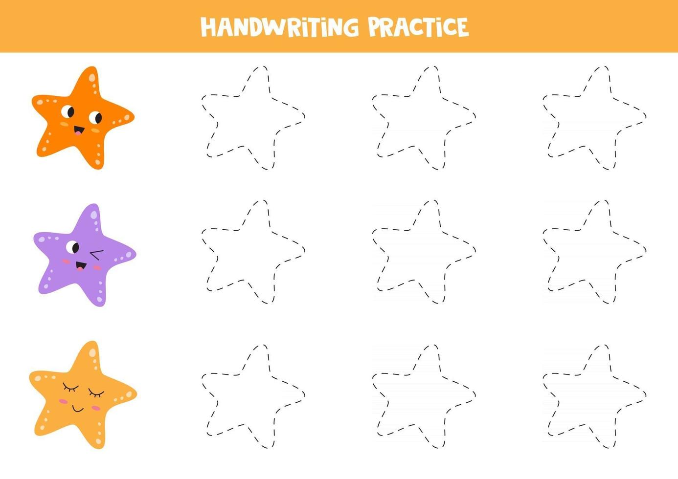 Trace the outline of colorful sea starfish. Educational worksheet for