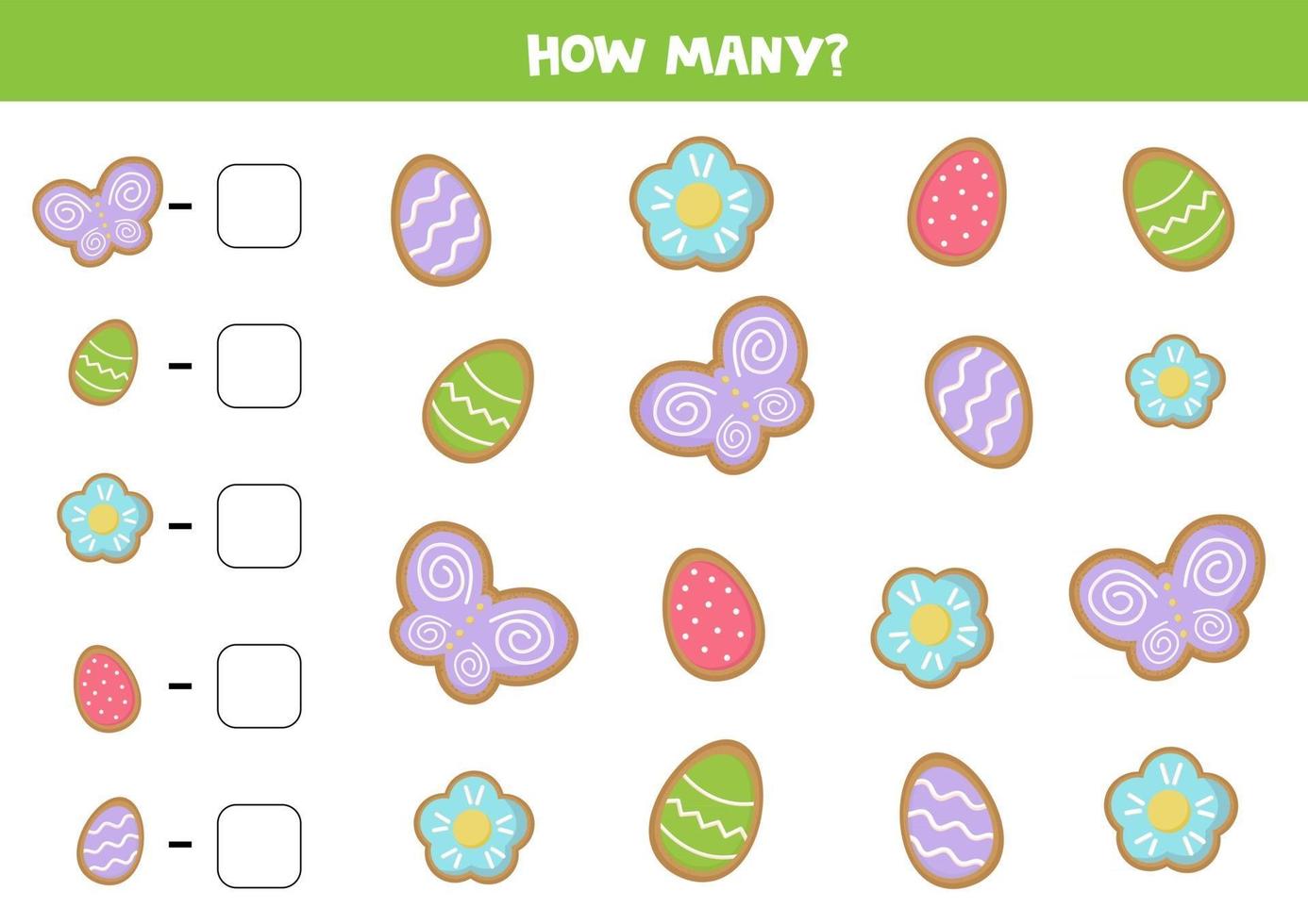 Easter cookies counting game for kids. Printable worksheet. vector