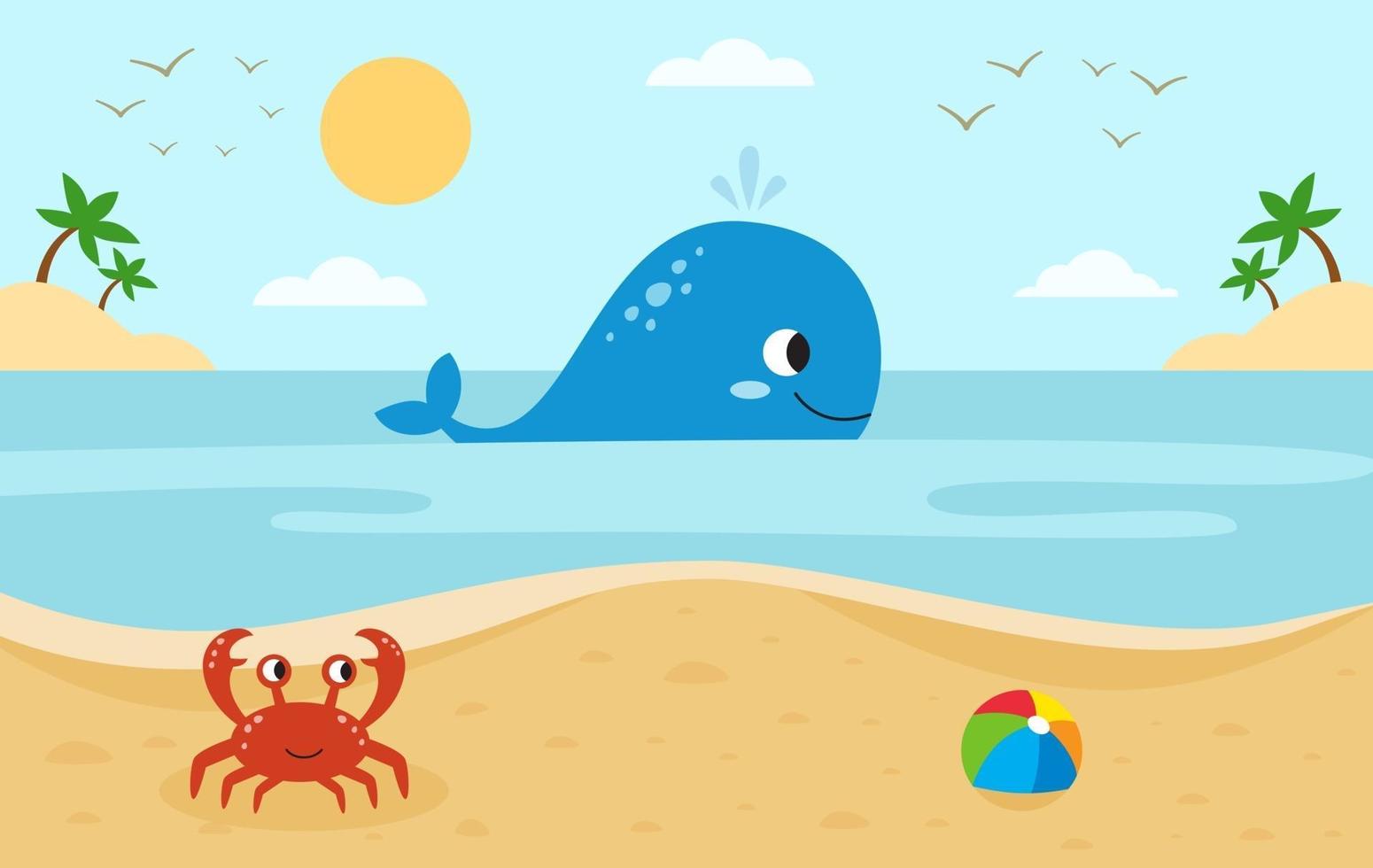Large whale in the sea. Red crab on the beach. Sea landscape. vector