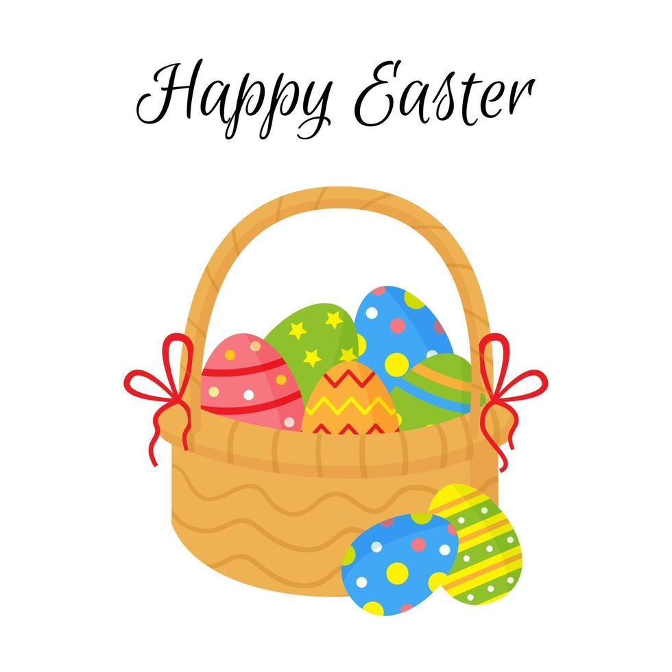 Cute cartoon Easter card with basket full of eggs. vector