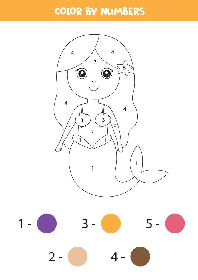 Math game for children. Color cute mermaid by numbers. vector
